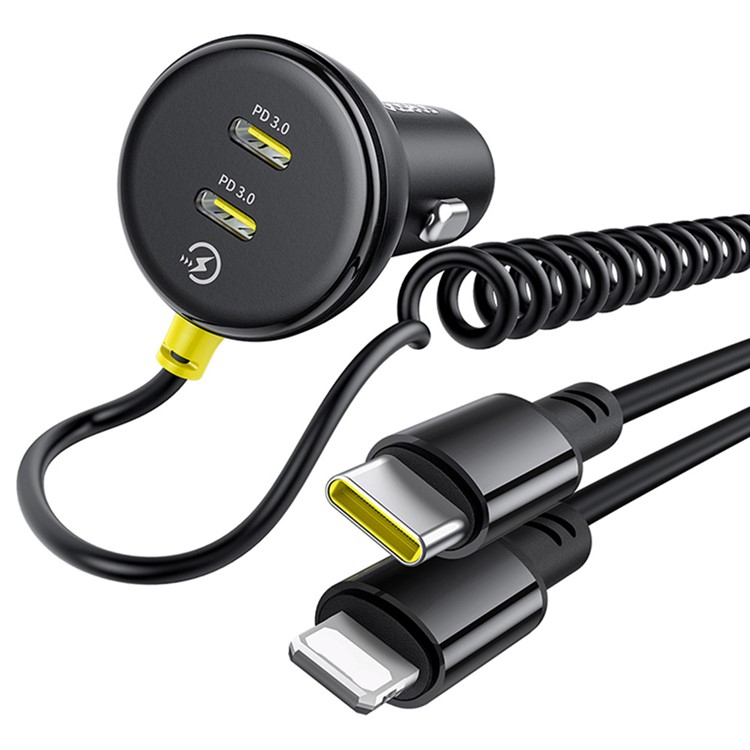 (60W) Dual USB C Spiral Auto KFZ Ladegerät mit USB C und Lightning Ladekabel PD - Schwarz