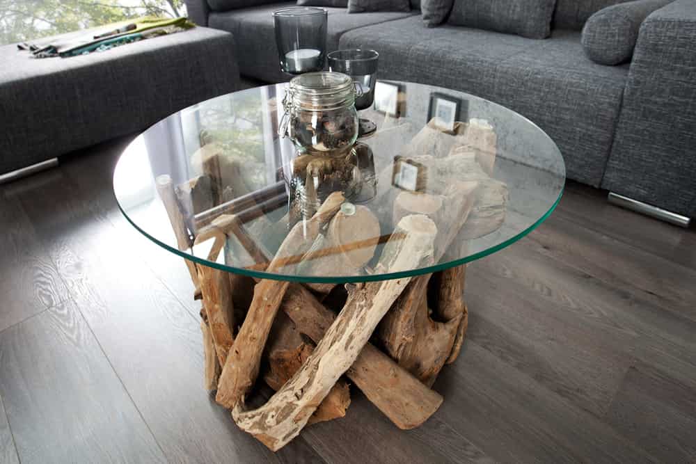 Design Couchtisch NATURE LOUNGE 60cm Teakholz mit runder Glasplatte Beistelltisch