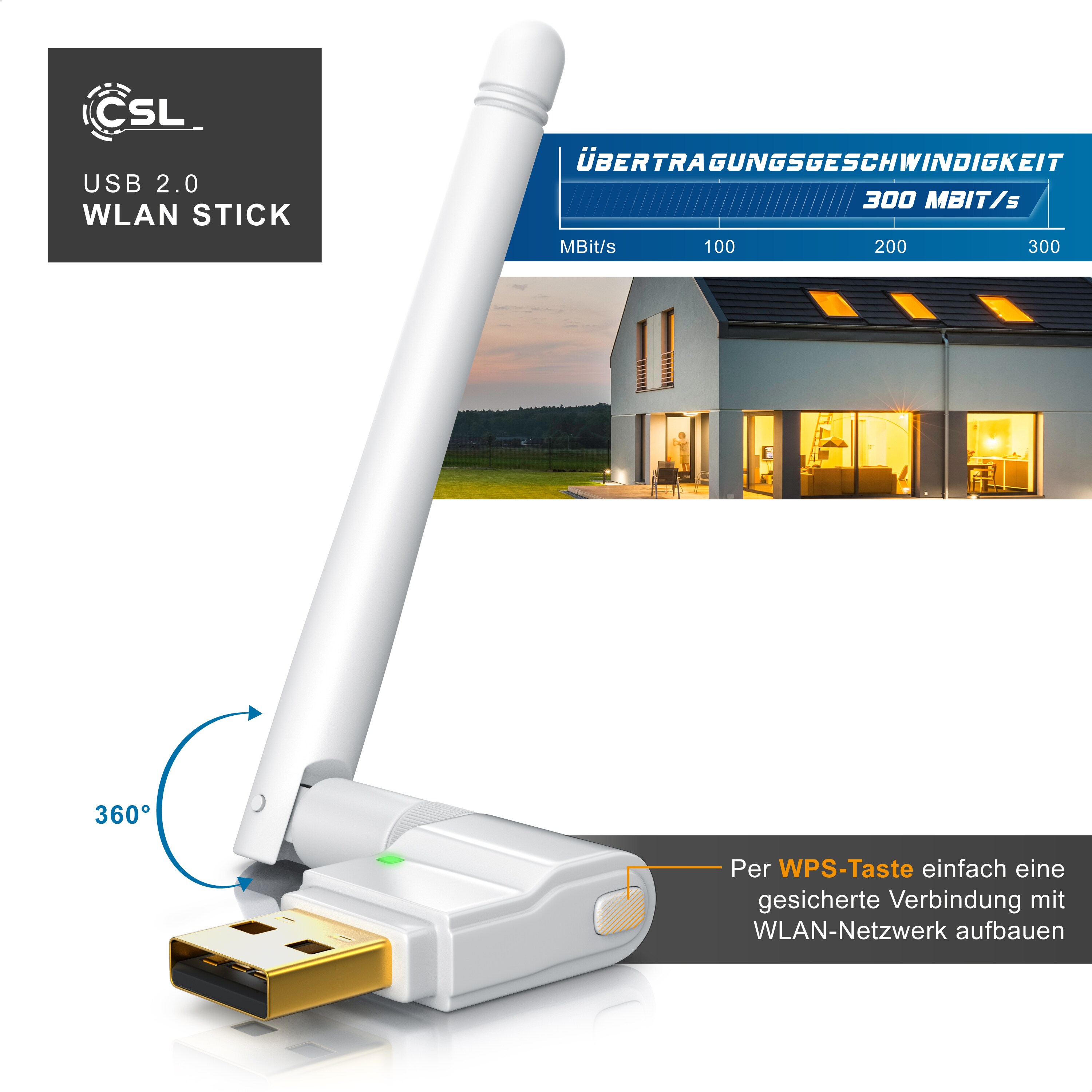CSL - WLAN-Dongle, WLAN Stick, 300 Mbit/s, mit abnehmbarer Antenne, USB 2.0 Stick