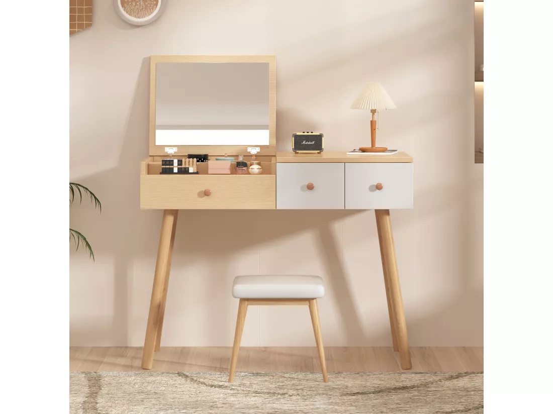 Coiffeuse avec miroir avec tiroirs et espace de rangement divisé - 100 x 78 x 40 cm - Panneaux de particules - Coloris naturel