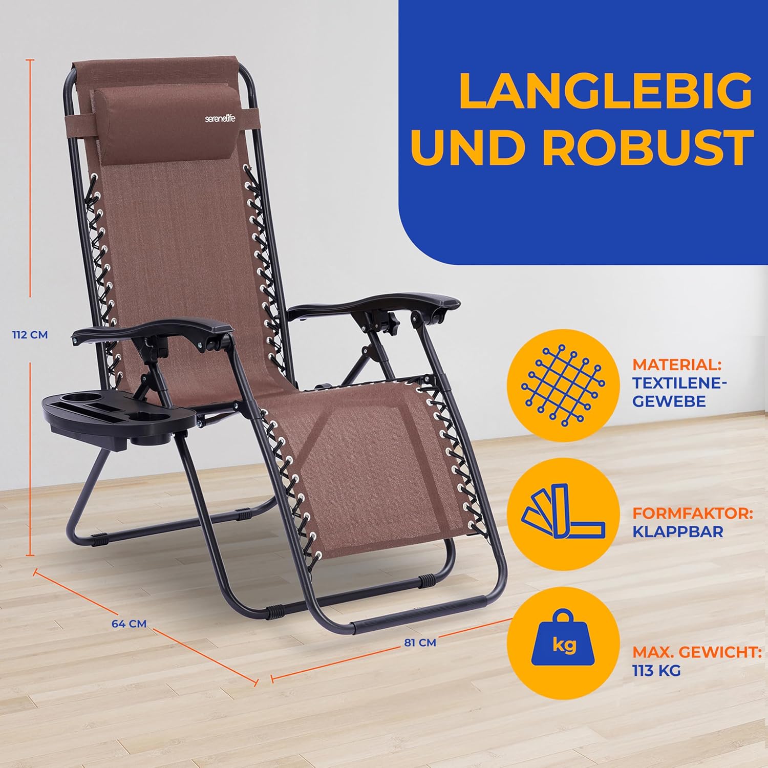 SereneLife Sonnenliege 2er Set Braun – Klappbare Relaxliegen mit Zero Gravity, wetterfest & faltbar, ideal für Garten, Balkon & Camping