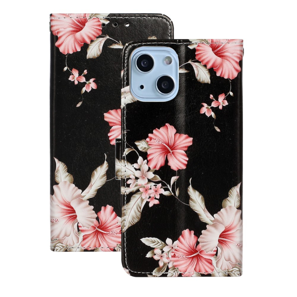 iPhone 13 Leder Tasche Flip Cover Rosa Azalea Blumen - Schwarz