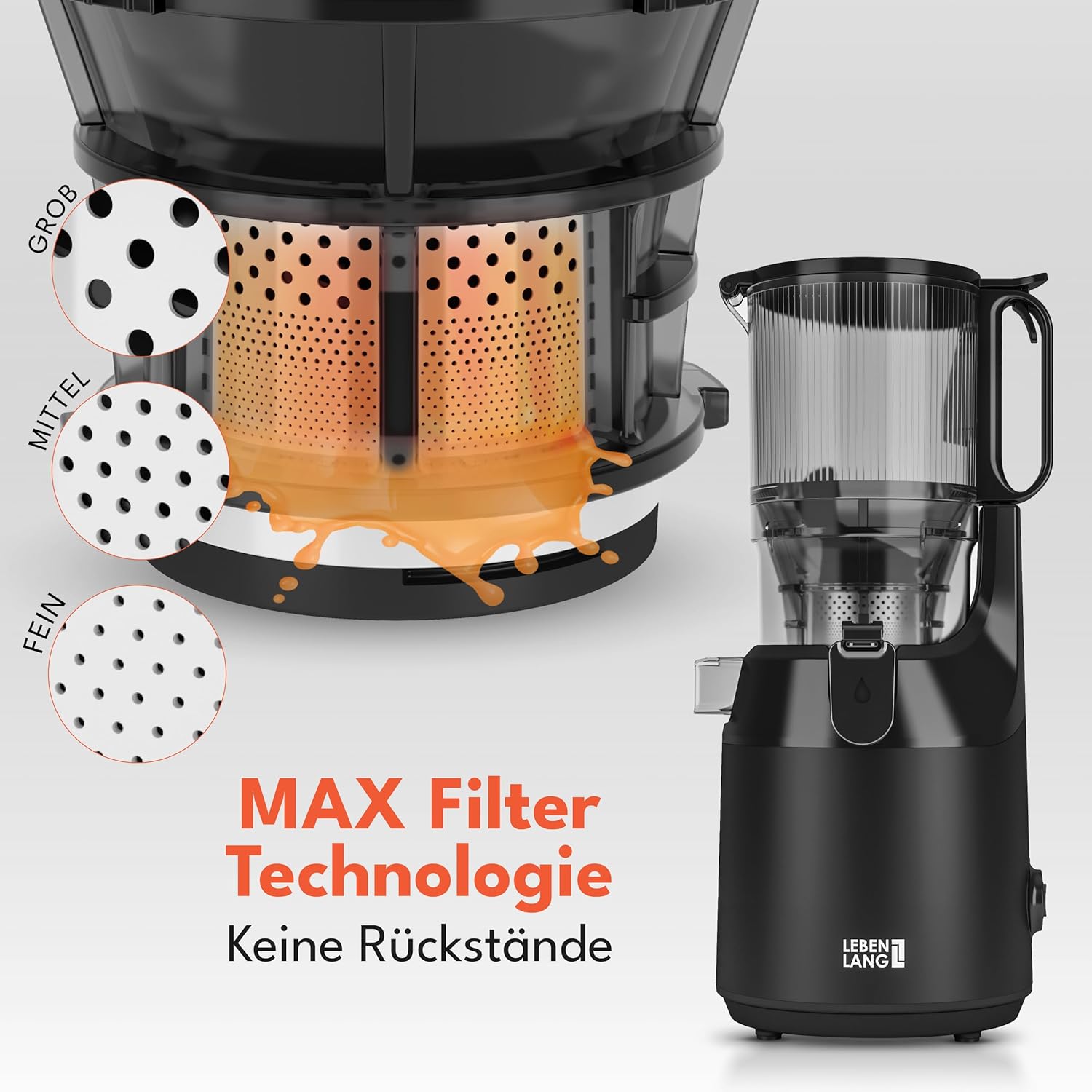LEBENLANG Entsafter Slow Juicer - Inkl. Rezeptbuch & Große 135mm Öffnung I Perfekt für Obst ganze Früchte und Gemüse 100% BPA-Frei I Best Juicer Machine Saftpresse elektrisch Masticating Green Press