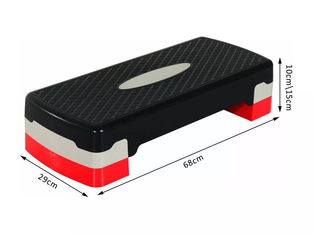 Stepper Fitness Aerobic hauteur reglable surface antiderapante dim. 68L x 29l x 10-15H cm plastique noir gris rouge