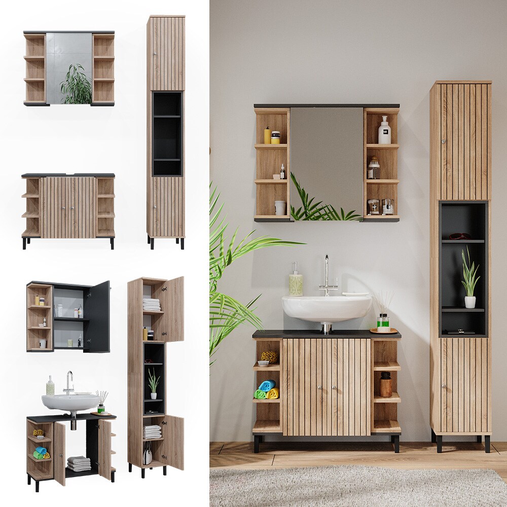Vicco Badmöbel-Set Aquis, Sonoma Anthrazit, Badezimmer, moderne Badserie, Waschtischunterschrank, Spiegelschrank, Hochschrank