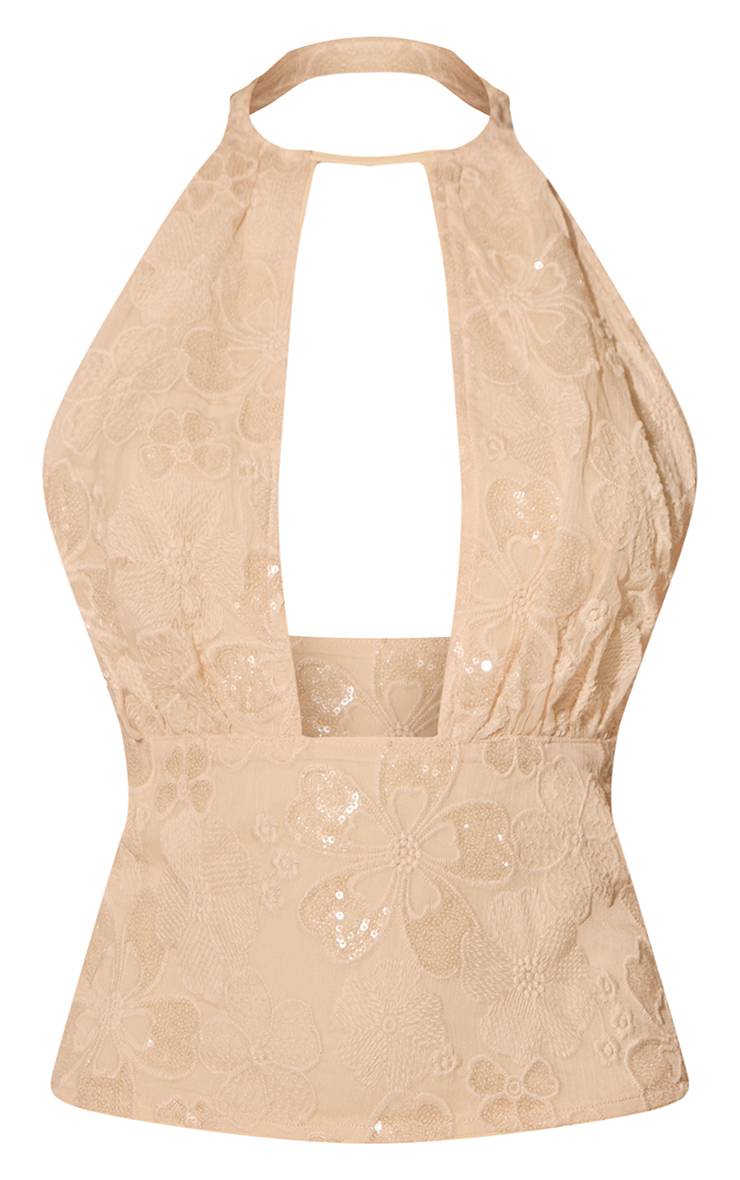 Crème Haut Col Montant À Texture Sequins Et Motif Floral