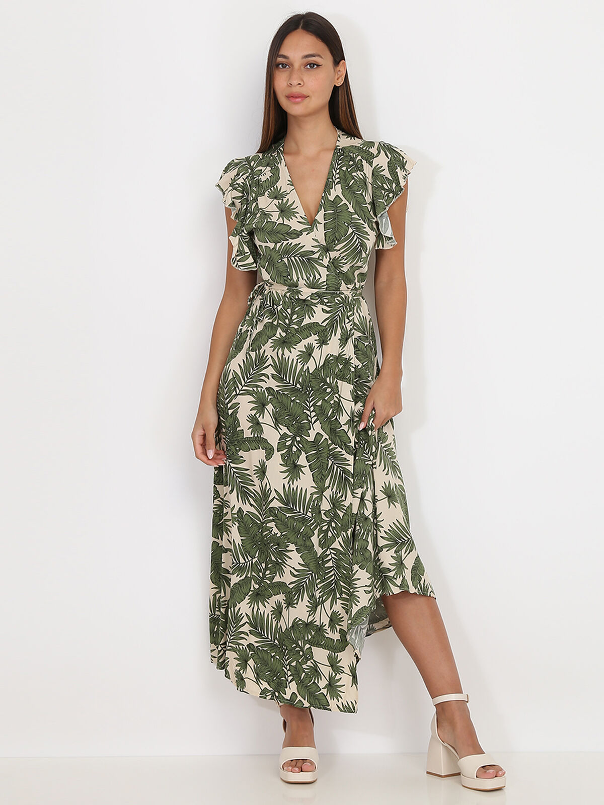 Robe portefeuille à feuilles de palmier- Vert