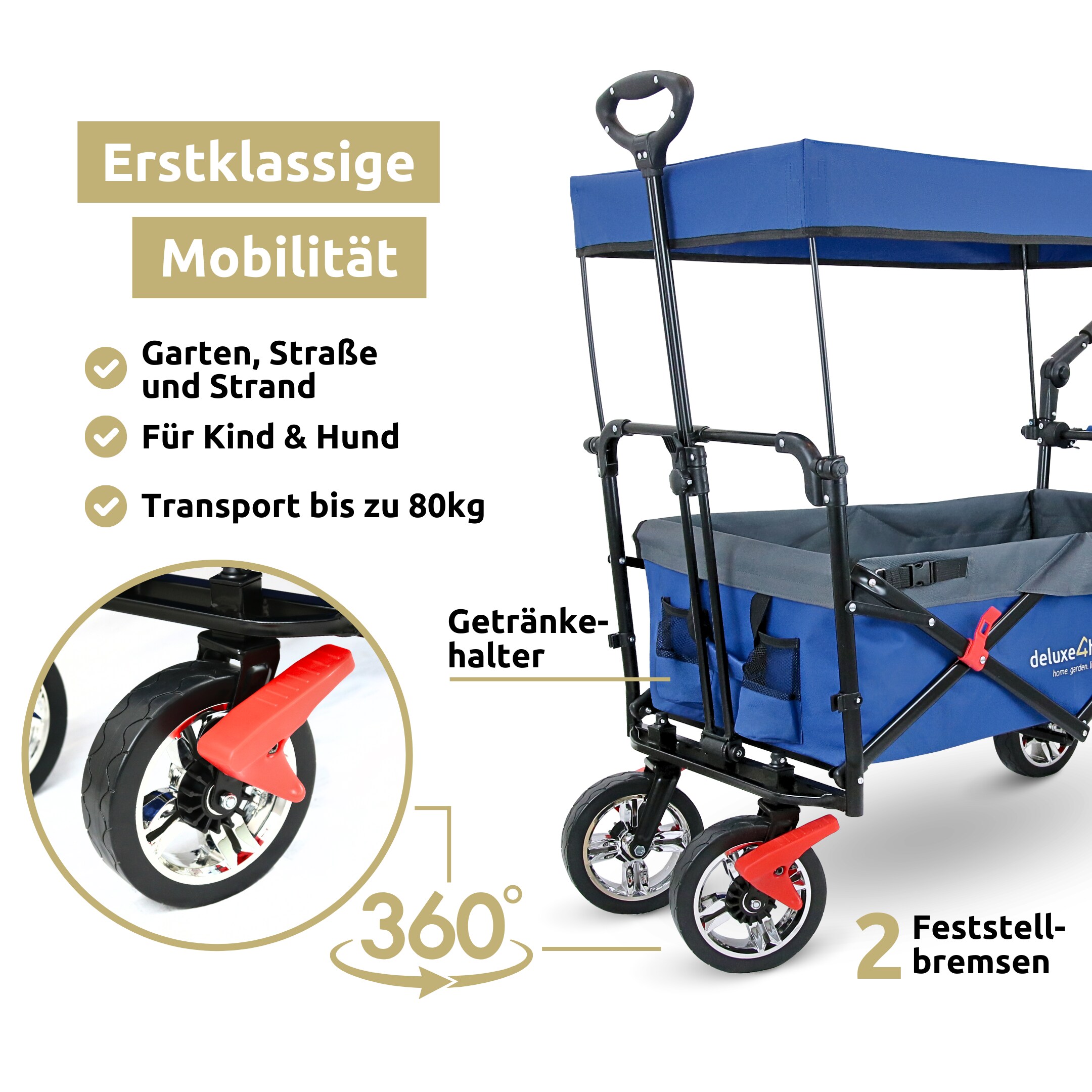 deluxe4home® Bollerwagen | Transportwagen faltbar mit Dach | Schwarz/Grau