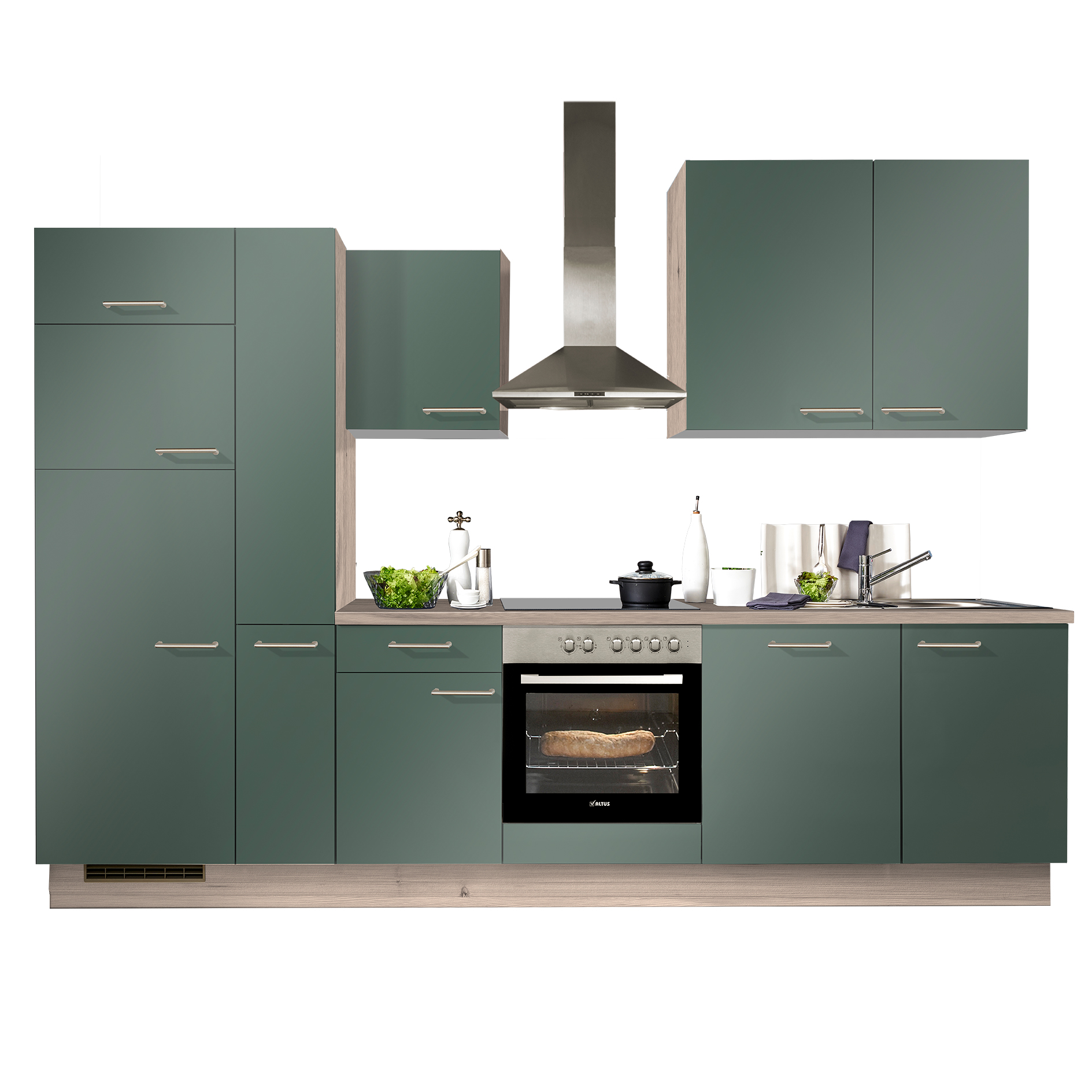 pino Küchenblock PN200 - Verde - Tanne Clay - mit E-Geräten - Kühlschrank links - 310 cm
