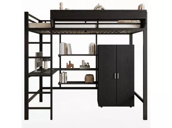 Lit mezzanine 90x200 cm - avec table - avec penderie - avec multiples rangements - avec échelle 5 marches - fer + panneaux de particules - noir (sans matelas)