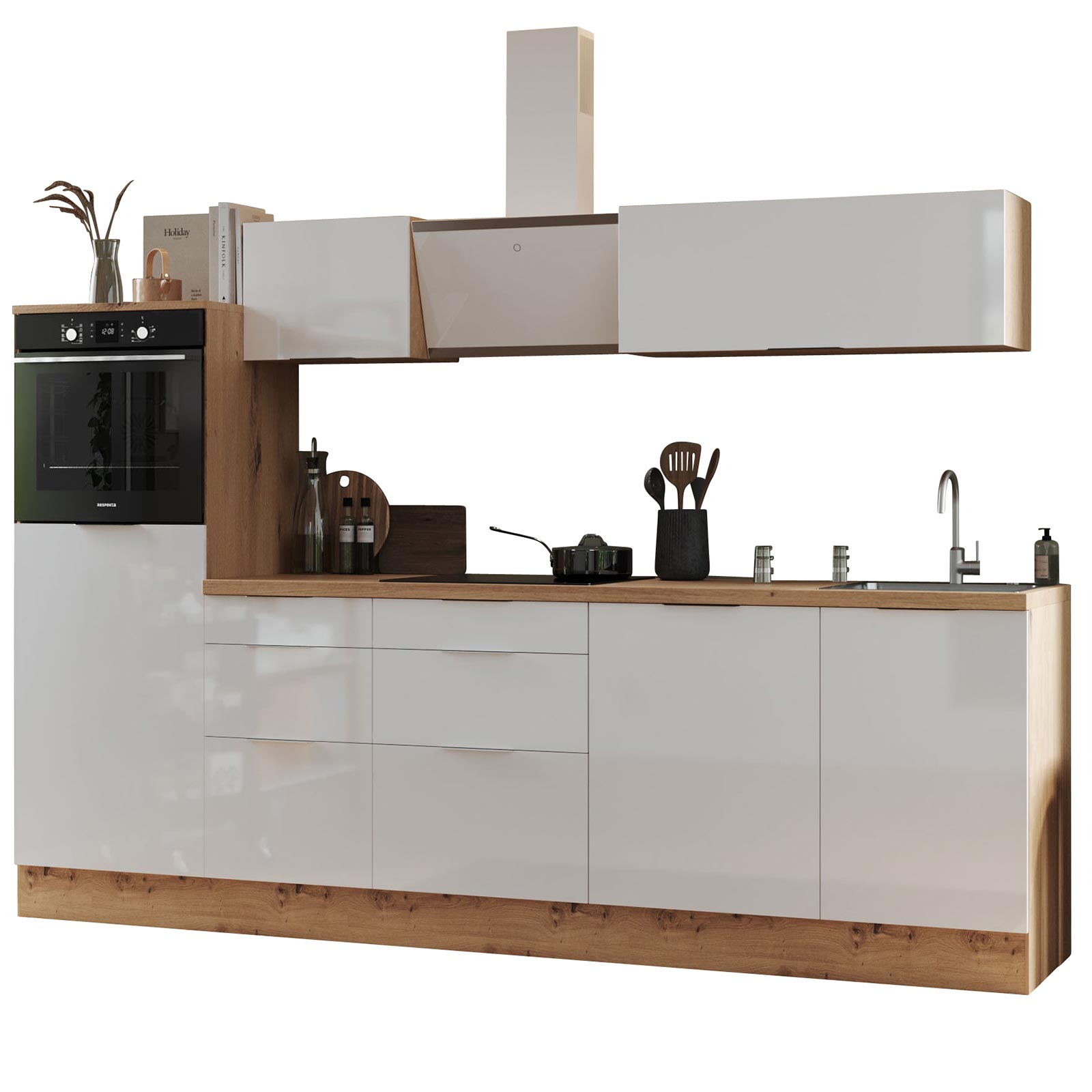 RESPEKTA Küchenblock - weiß Hochglanz - Artisan Eiche - mit E-Geräten - 280 cm