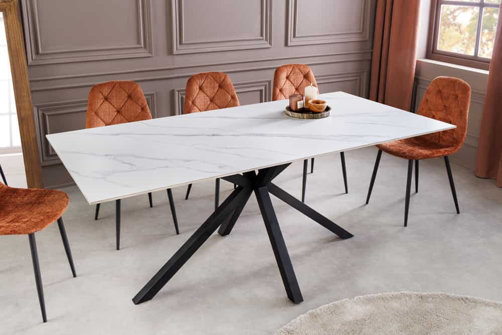 Moderner Esstisch GALAXIE 160cm weiß Keramik schwarz Metall Sterngestell