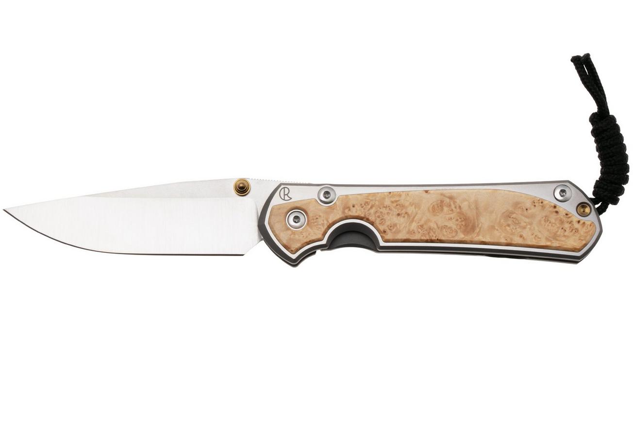 Chris Reeve Large Sebenza 31 L31-1628, Satin CPM MagnaCut, Polished Titanium, Box Elder Burl Inlay zakmes