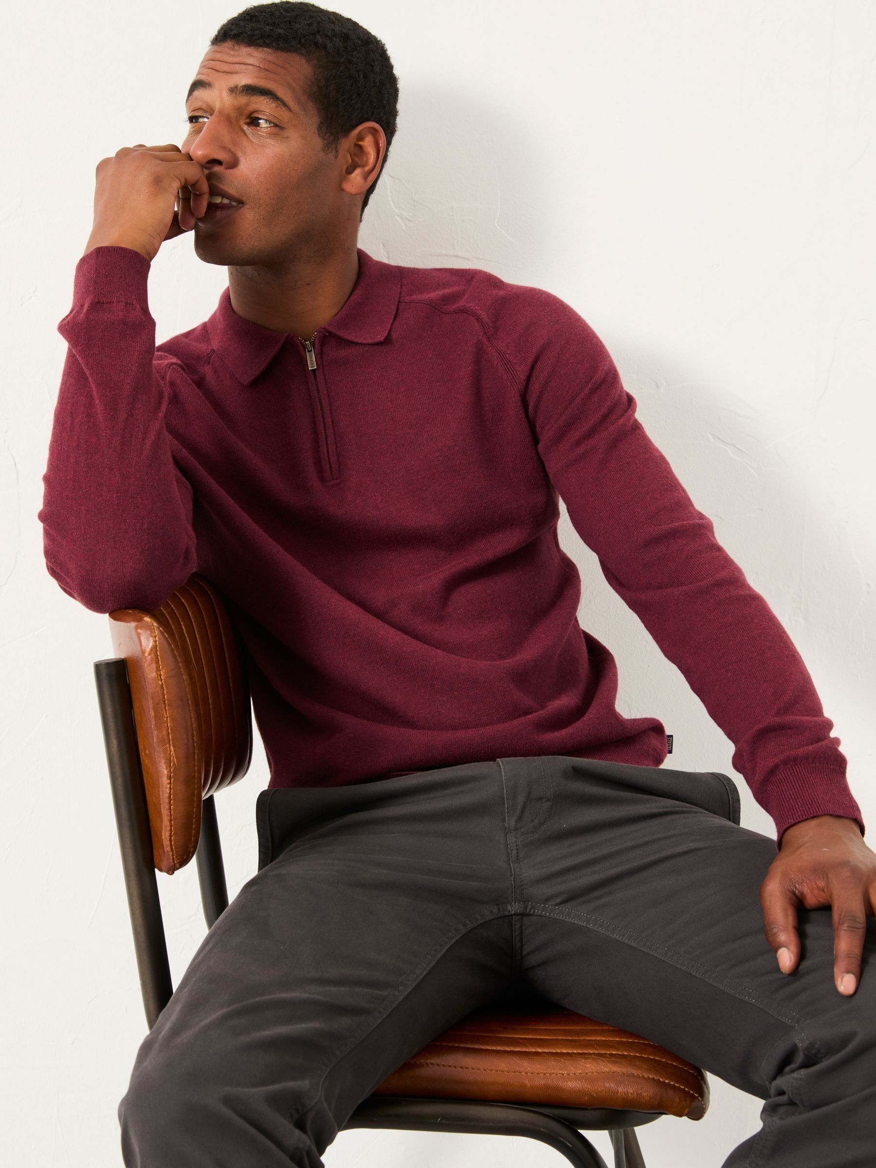 Bordeaurood - FatFace Zip Collar Knitted Polo Jumper