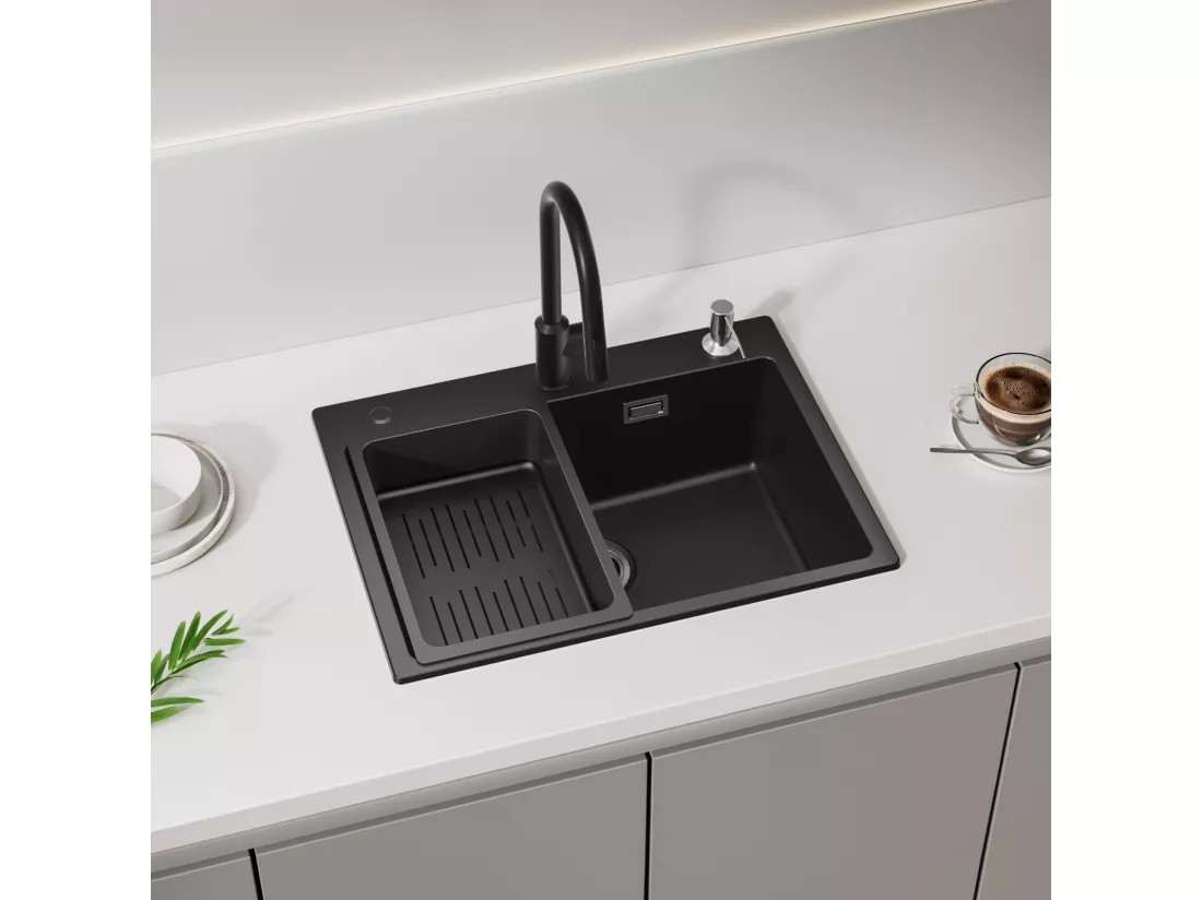 Cecipa max Evier 1 Bac 60x45cm avec Panier de Vidange et Distributeur de Savon - Evier en Quartz - Grande Capacité Evier Noir!!!,EU Modèle