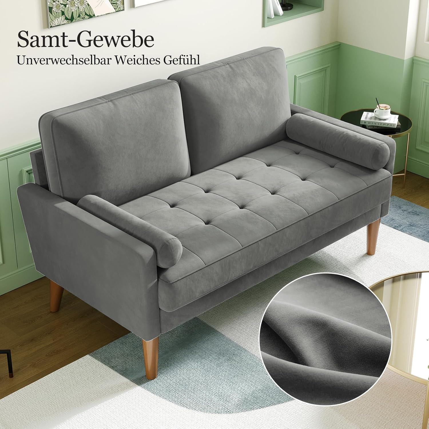 Vesgantti Couch 2 Sitzer, Samt Kleines Sofa mit 2 Wurfkissen, Modern Mini Sofa, Getuftetes Kleine Couch für Wohnzimmer/Schlafzimmer/Büro/Wohnung, 121x 77 x 87cm, Grau