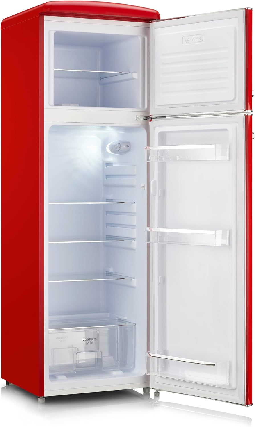 SEVERIN Retro Kühl- & Gefrierkombination, Kühlschrank im Retro-Design mit Chrom-Applikationen, Gefrierfach oben, LED-Beleuchtung, 1-7°C, 246 L Nettovolumen, nur 39 dB, rot, RKG 8983 [EEK D]