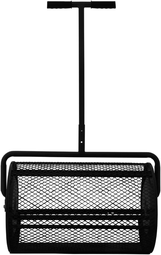 66cm Kompoststreuer Saatgutstreuer Schwarz Torfmoosstreuer Gartenstreuer Düngerstreuer Roller mit T Griff Garten Rasen Gras Stahl Verlängerbarer Griff 80L Maschenkorb Leichtgewichtig GRATIS Handschuhe