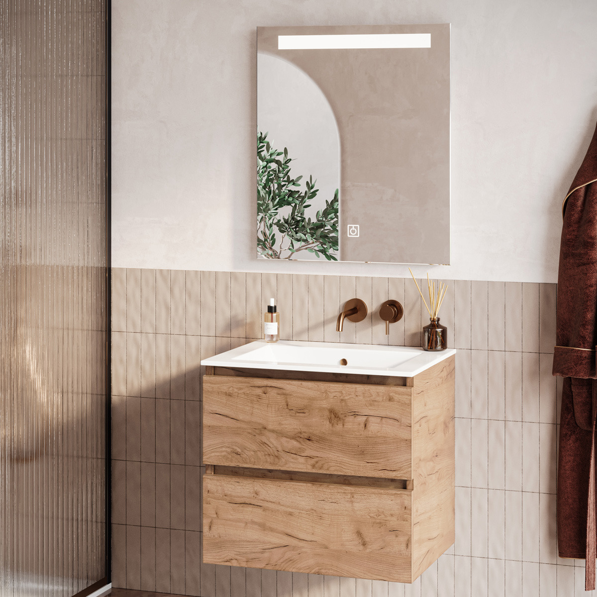 Fontana Rovigo badmeubel 60cm warm eiken met witte wastafel zonder kraangat en spiegel met verlichting
