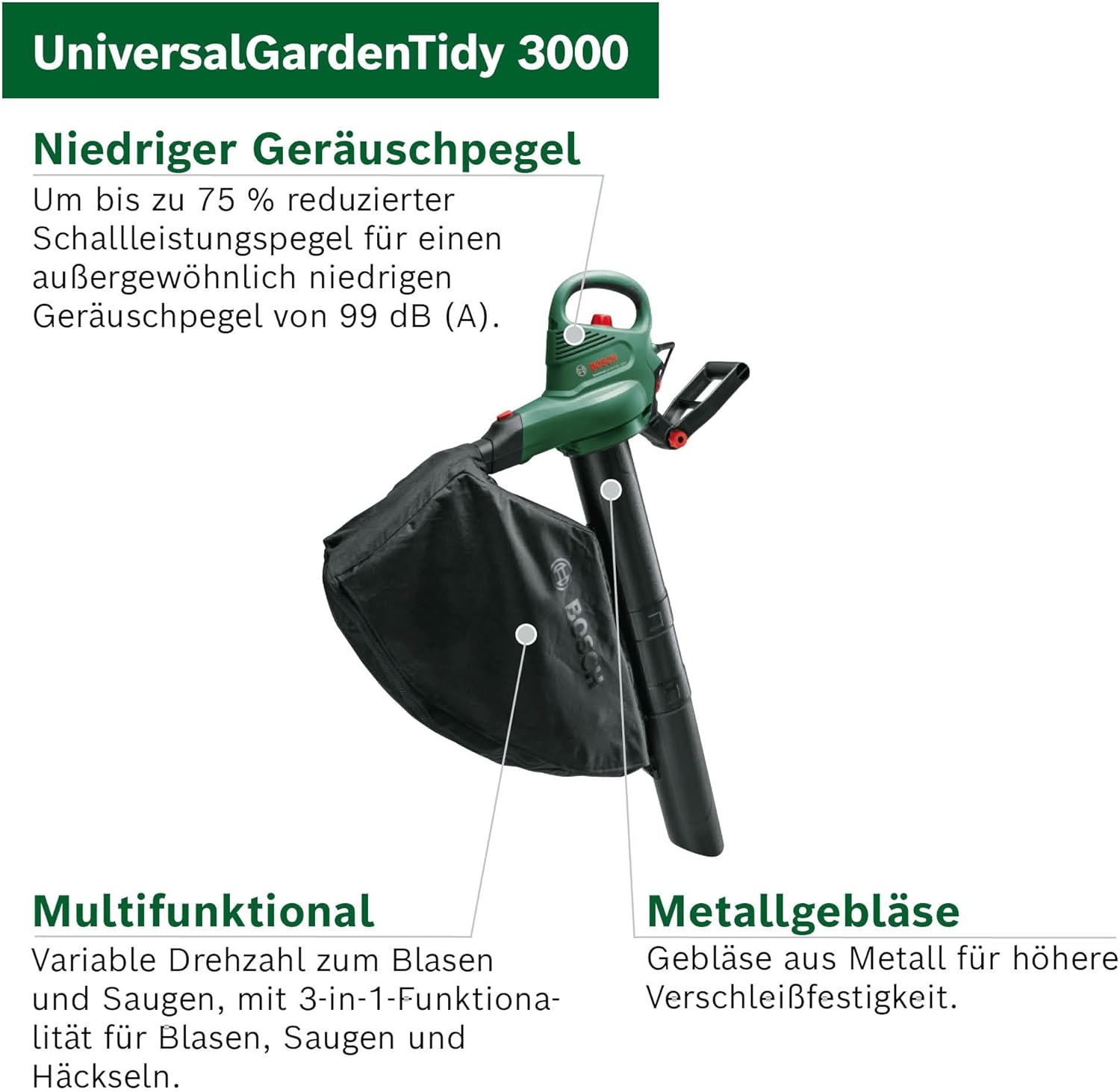 Bosch elektrischer Laubsauger/Laubbläser UniversalGardenTidy 3000 (3000 W, Fangsack 50 l, stufenlose Drehzahleinstellung, zum Blasen, Saugen und Häckseln von Laub, in Kartonverpackung)