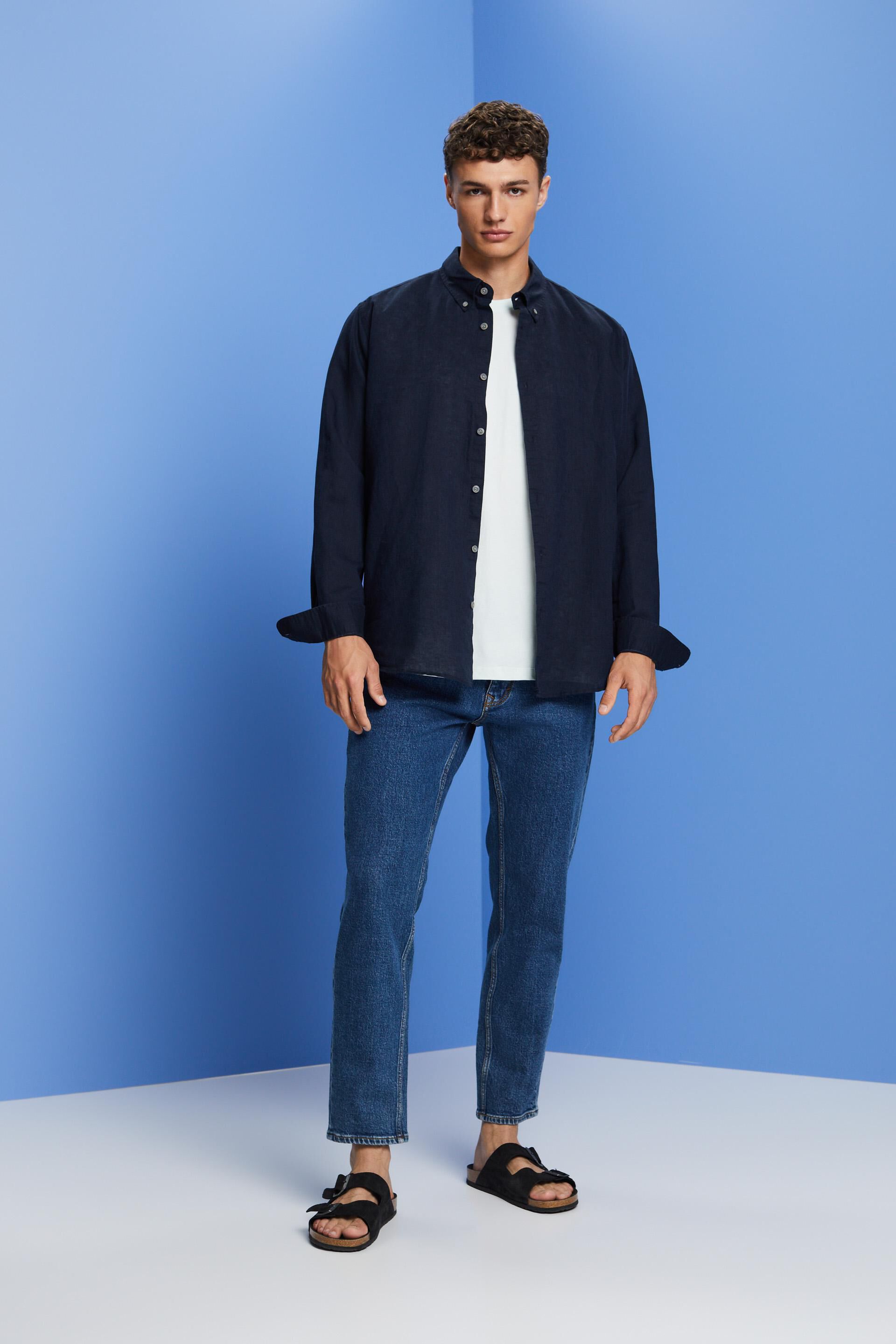Chemise à col boutonné en mélange de coton et lin