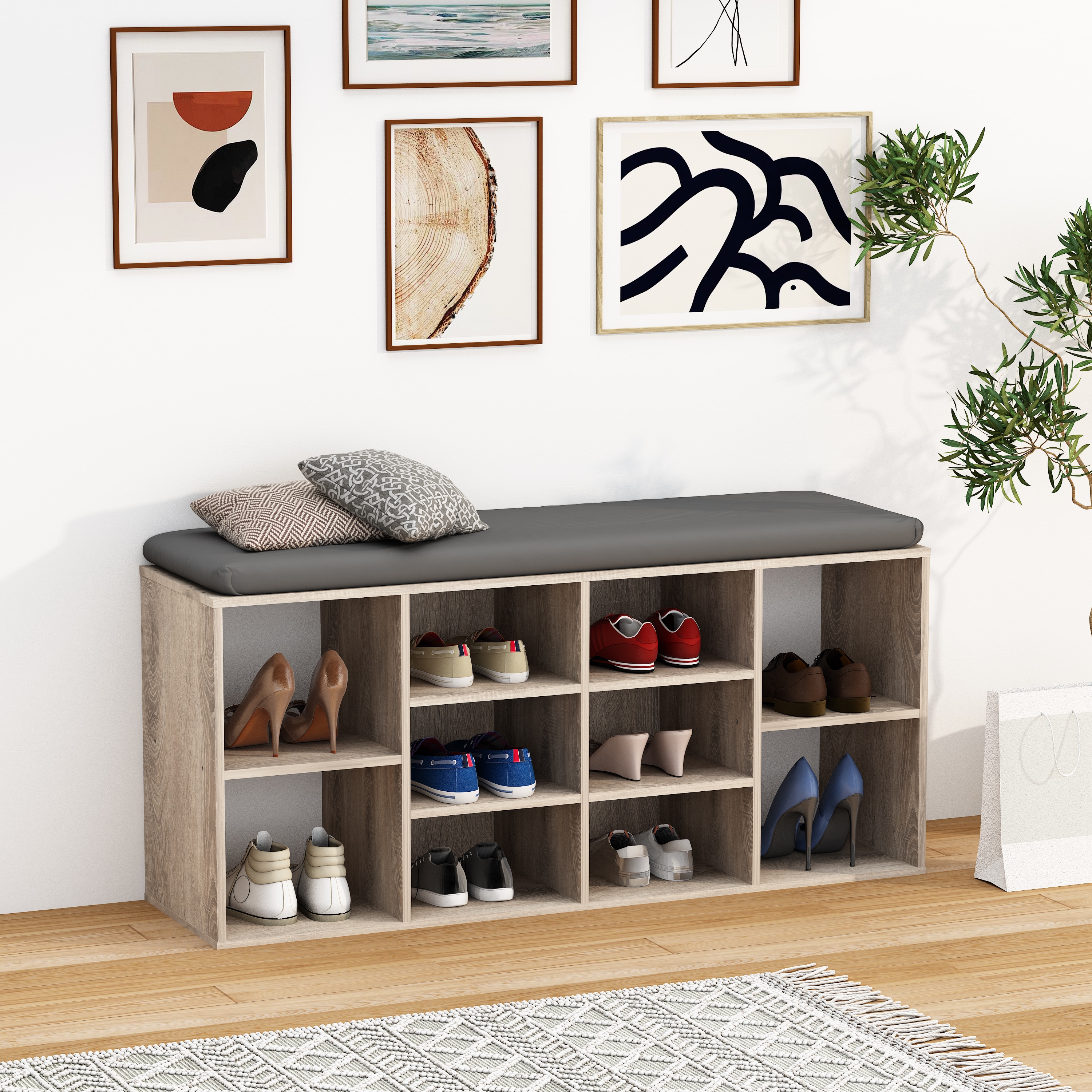 VCM Holz Sitzbank Schuhschrank Schuhregal Schuhkommode Sitzkommode 10 Fächer Hinsol S