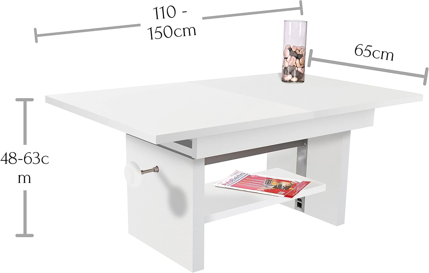 EVENT Couchtisch höhenverstellbar & ausziehbar in Weiß - praktischer Sofatisch mit Ablage für Ihren Wohnbereich - 110 x 48 x 65 cm (B/H/T)