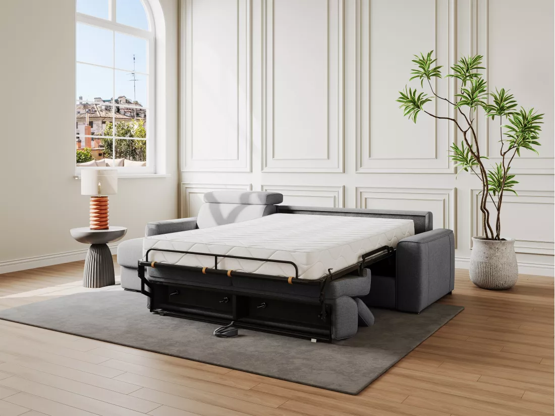 Canapé d'angle réversible convertible express en tissu gris - Couchage à lattes larges 140 cm - Matelas 22 cm mémoire de forme - VIZIR