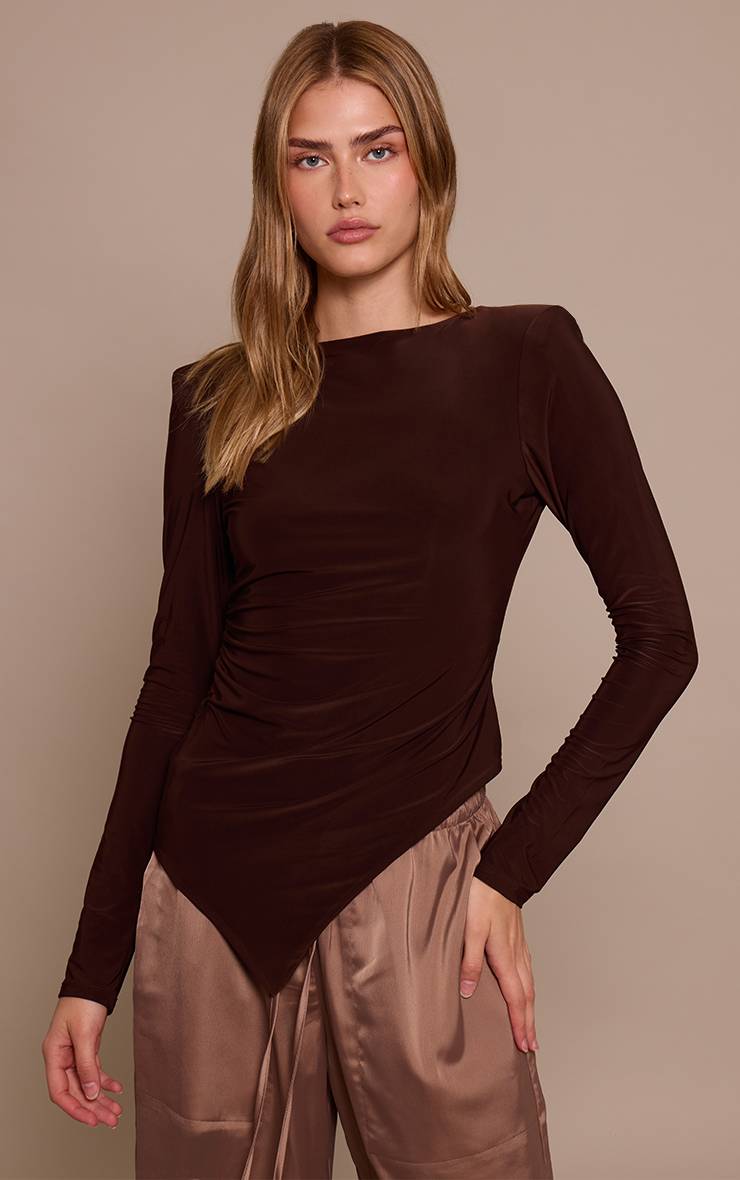 Chocolat Haut Asymétrique À Épaulettes En Tissu Slinky Double Couche