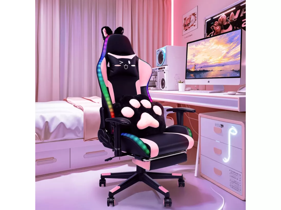 Chaise de jeu avec haut-parleurs, vidéo et lumière RGB, chaise ergonomique de course, fauteuil inclinable en cuir PU, chaise d'ordinateur pivotante pour e-sport avec appui-tête, accoudoirs, support lombaire (repose-pieds, LED, haut-parleurs, rose)