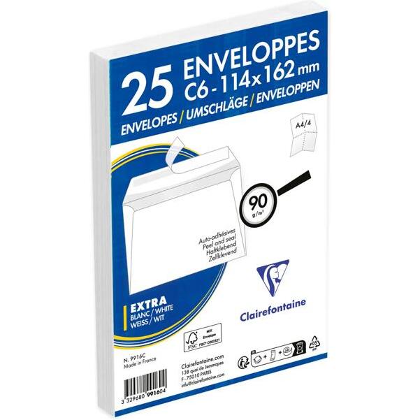 Enveloppe Clairefontaine 90 g/m² sans fenêtre blanche avec bande de protection - Paquet de 25