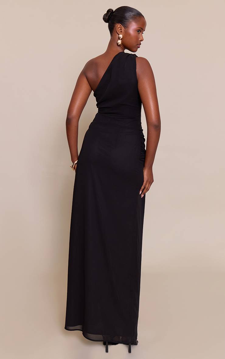 Noir Robe Longue En Mousseline À Une Épaule Avec Détails Froncés