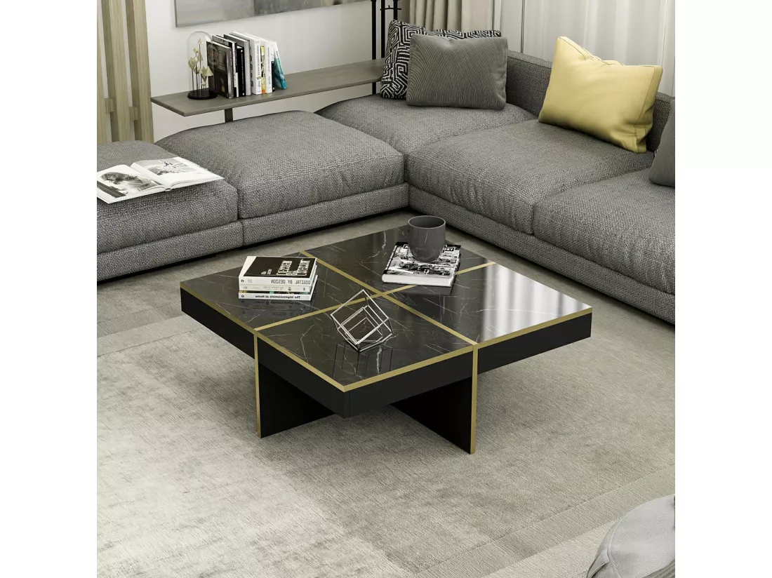 Table basse carrée Fjerritslev 35 x 90 x 90 cm marbre noir / laiton [en.casa]