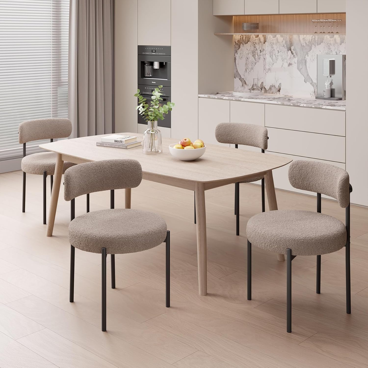 Esszimmerstühle 4er Set丨Teddy Stoff Runde Boucle Stühle·Mid-Century gepolsterte Küchenstühle·Dining Chairs mit Metallbeinen·Grau