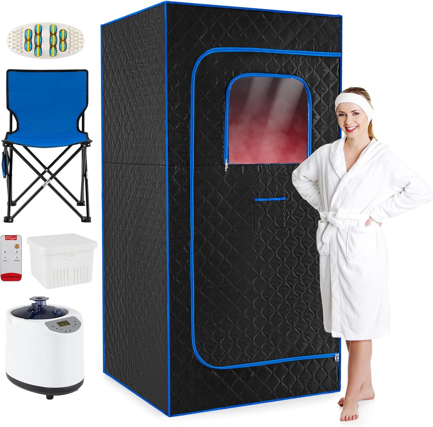 COSTWAY 3L Dampfsauna 1200W, Saunazelt mit 15-stufige Temperaturregelung, Fernbedienung, Timer, klappbarer Stuhl & Matte, Ganzkörpersaunabox tragbar Heimsauna (88 x 88 x 179 cm,Blau)