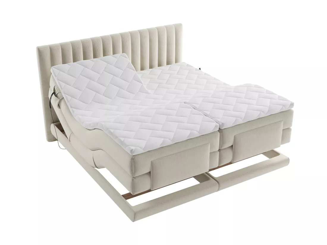 Ensemble complet boxspring tête de lit coutures verticales + sommiers relaxation électrique + matelas + surmatelas - 2 x 80 x 200 cm - Velours - Beige - DONISI de PALACIO