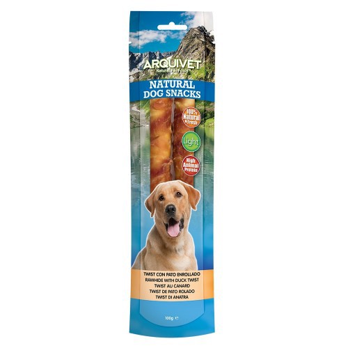 Petisco em formato de espiral com sabor de pato para cães.
