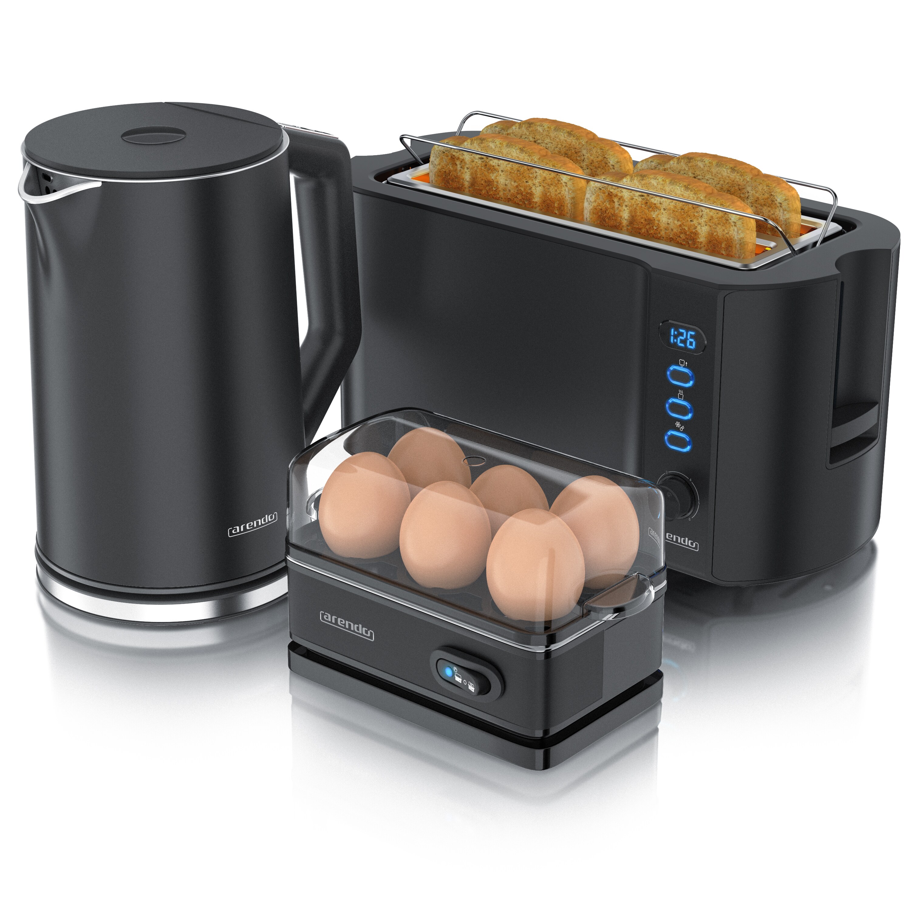 Arendo Frühstücks-Set Wasserkocher 1,5l, 4-Scheiben Toaster, 6er Eierkocher, Schwarz