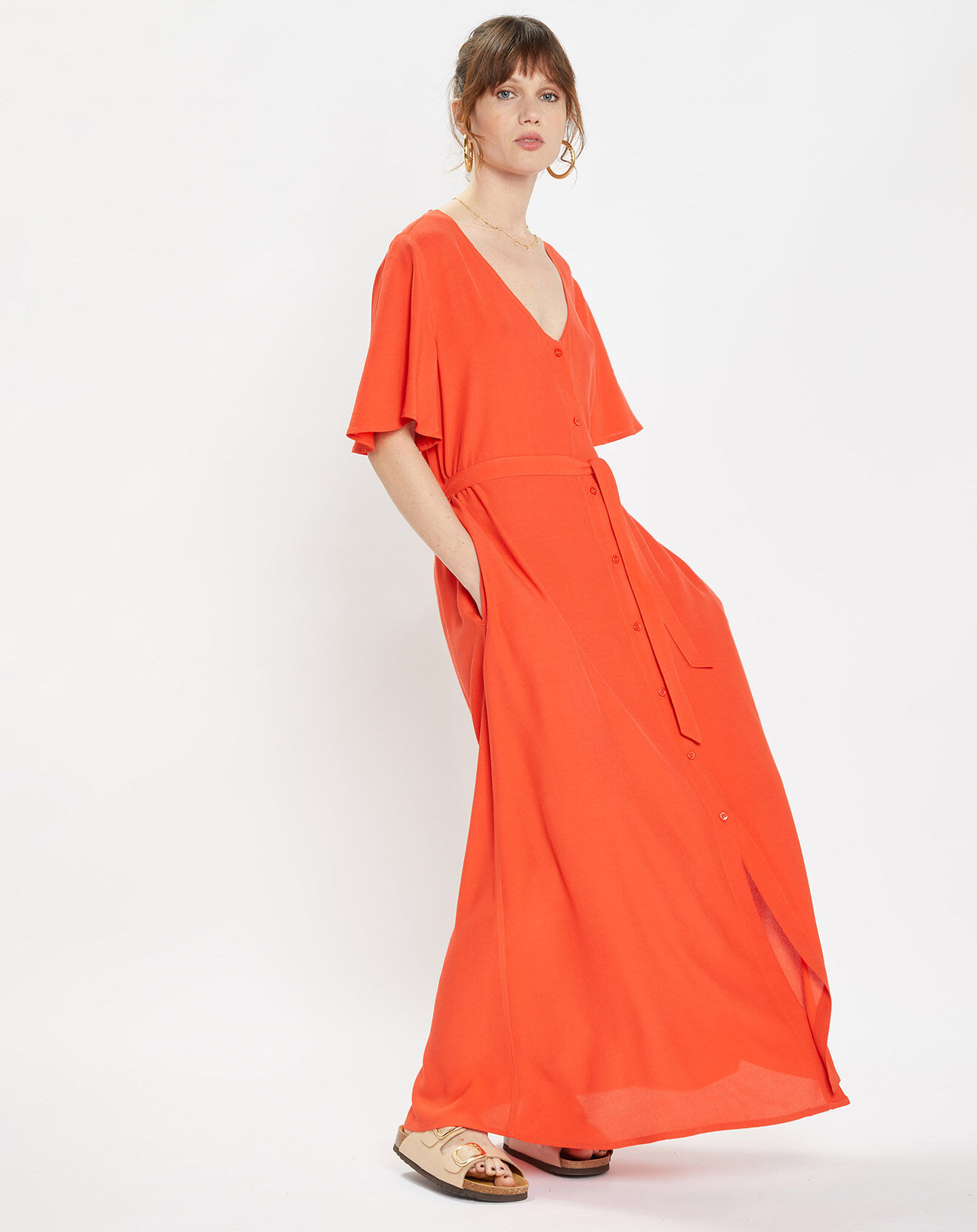 Galeries Lafayette Robe longue Catherine à Col V orange