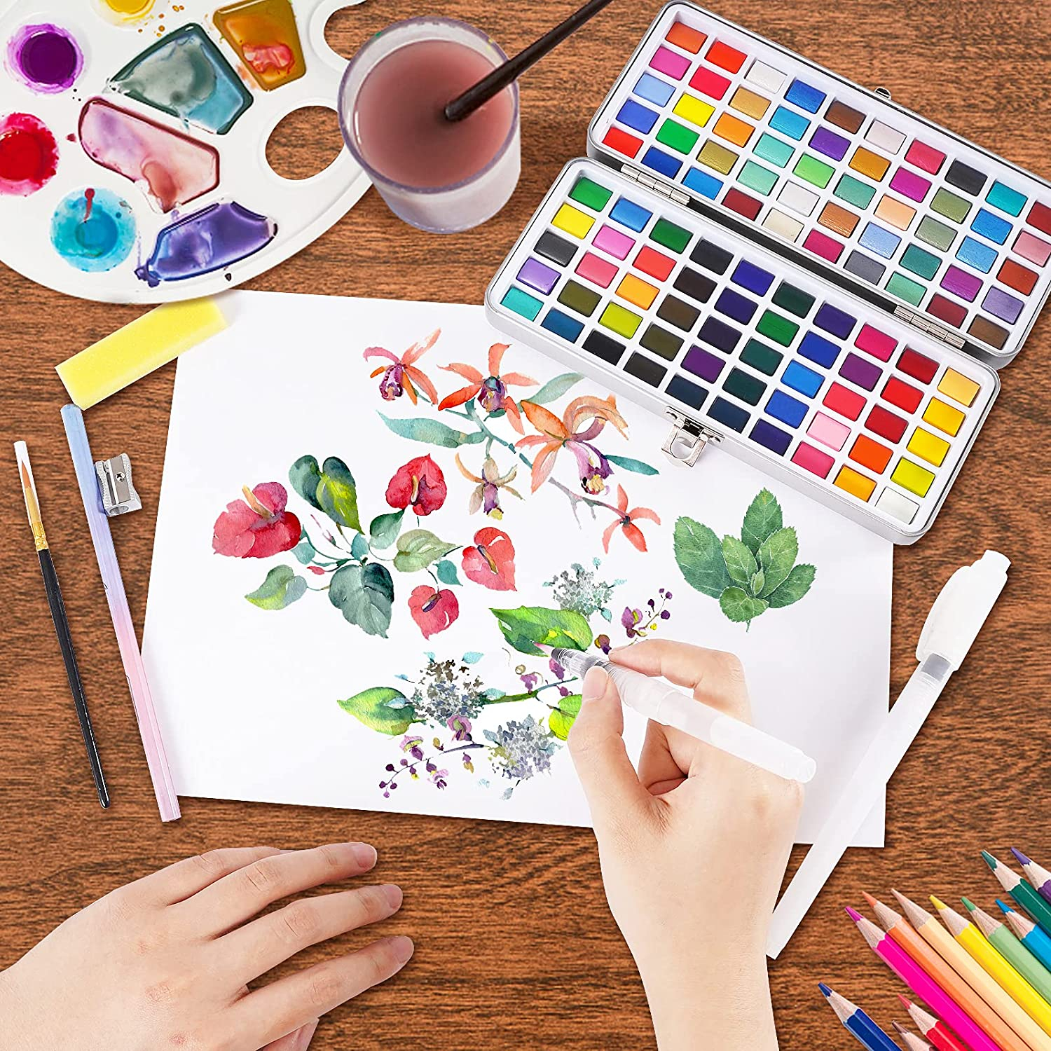 (6-tlg. Set) Künstler Aquarell Malkasten Wasserfarben Palette inkl. Wassertank Pinsel / Bleistift - Bunt