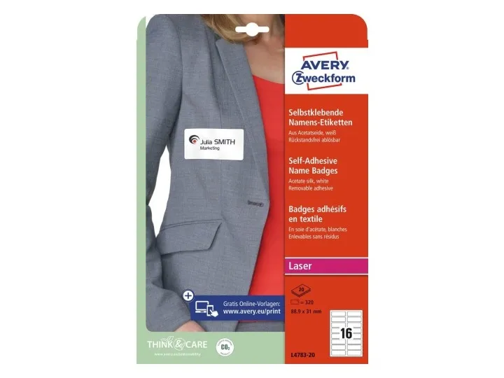 Navneskilt Avery 88,9x31 mm hvid selvklæbende - (20 ark x 16 stk.)