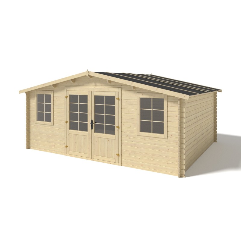 Abri de jardin en bois - 5x4 m - 30 m2 + terrasse avec balustrade et avant-toit en bois
