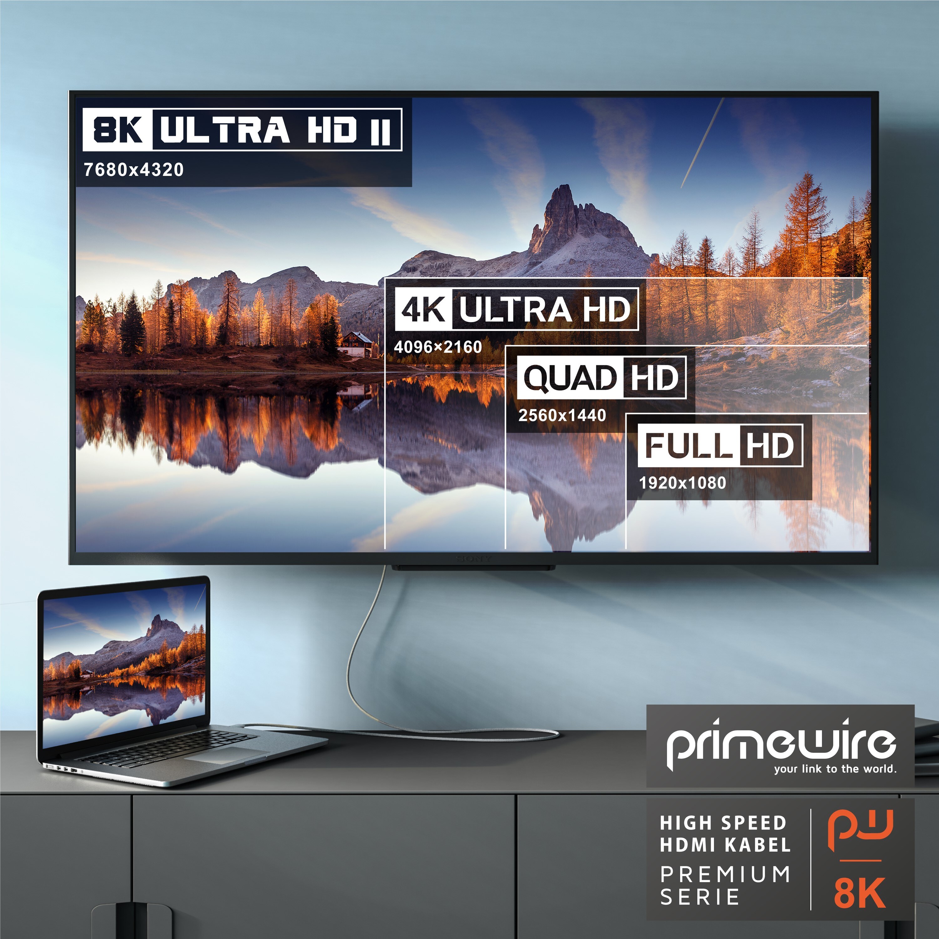 Primewire 8K Premium HDMI Kabel 2.1 mit Nylonummantelung, 7680 x 4320 @ 120 Hz mit DSC - 3m