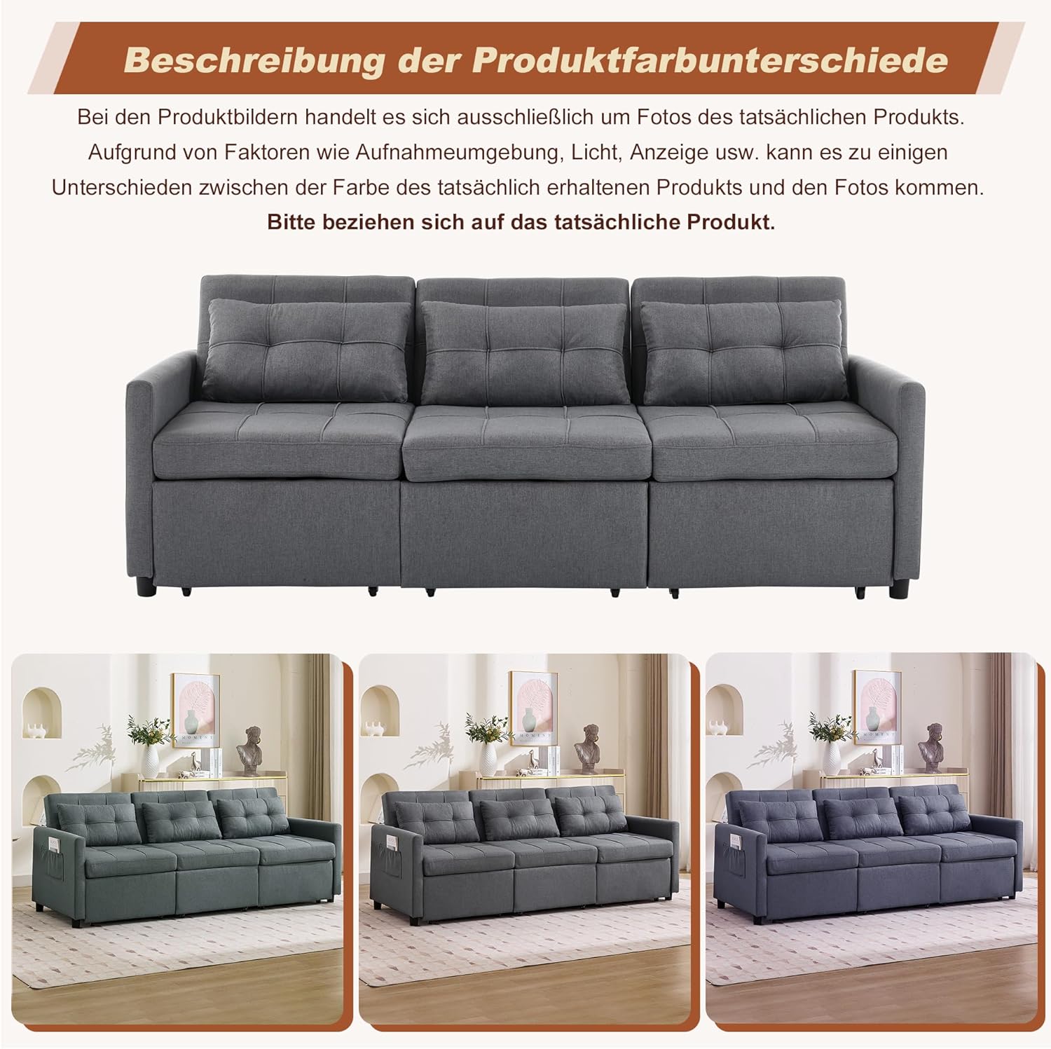 Schlafsofa 3 Sitzer Ausziehbar, 7-in-1 Ecksofa L-Form mit Bettkasten, Funktionssofa mit Rollen & Verstellbarer Rückenlehne, Gästebett Grau 215×180cm