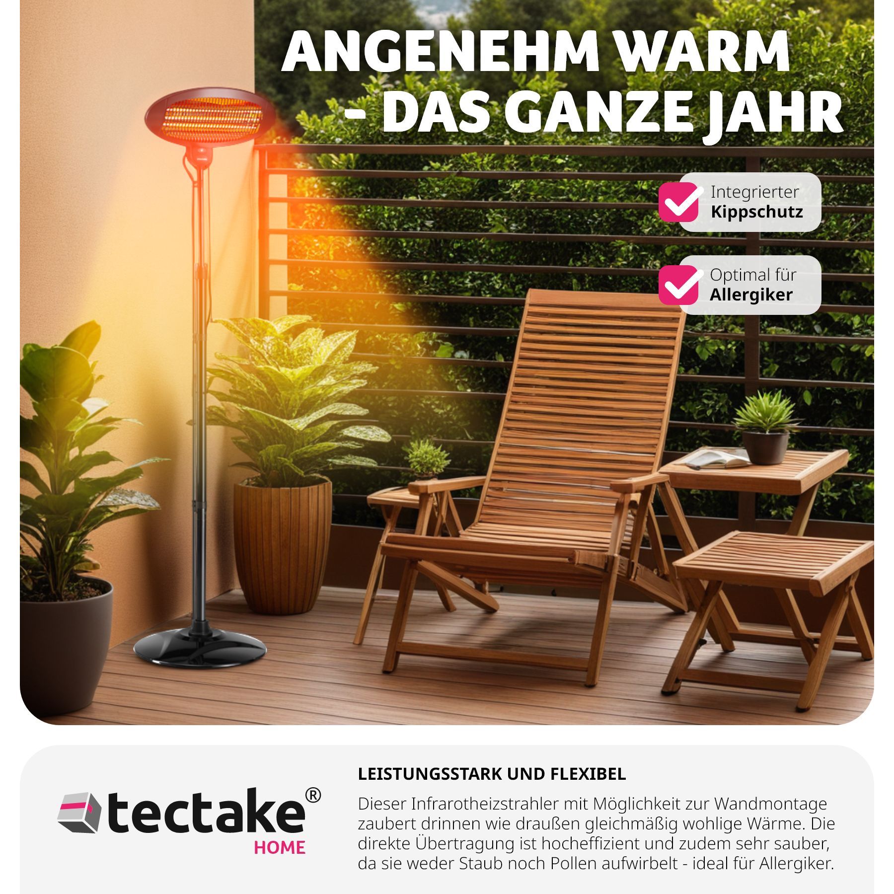 tectake® Infrarotheizstrahler, 3 Leistungsstufen, 650, 1300 und 2000 W, höhenverstellbar und neigbar, Wandmontage möglich, 50 x 50 x 136 - 213 cm