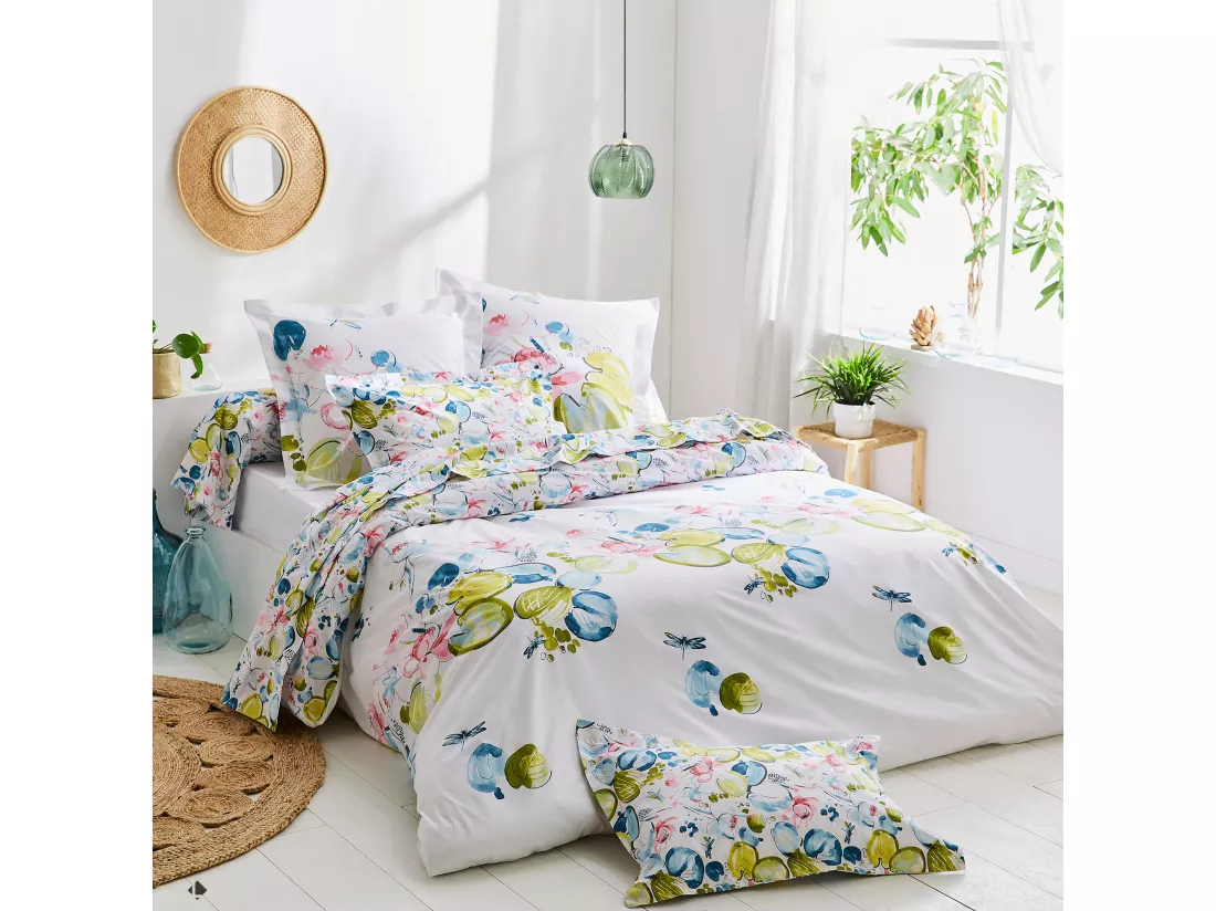 Taie de traversin 140x43 cm percale coton NENUPHAR aqua