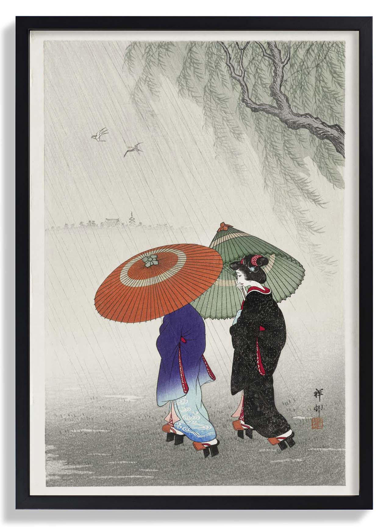 Zwei Frauen im Regen von Ohara Koson