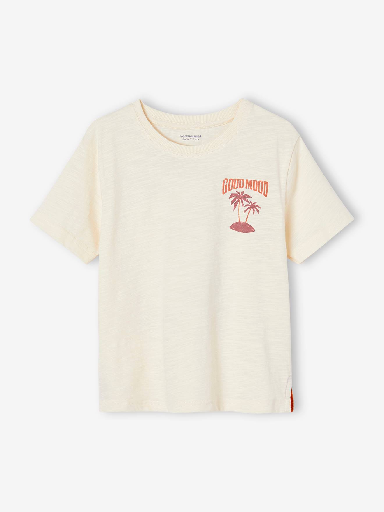 Camiseta infantil masculina na cor off-white com estampa gigante de palmeira nas costas.