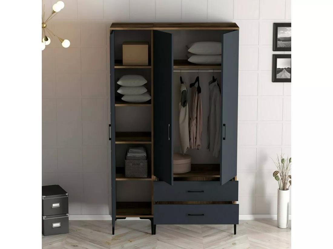 Garde-robe 3 portes Dangiull, Meubles de chambre, Penderie de plain-pied, Placard à vêtements, 120x201h48 cm, Noyer et Anthracite