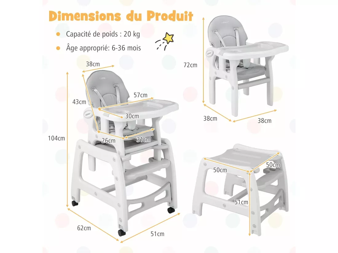 3 en 1 Chaise Haute Bébé Convertible avec Plateau Réglable, Chaise d'Alimentation Bébé avec Dossier à 3 Niveaux, Coussin de Siège, Harnais 5 Points, Charge 20KG, 6-36 Mois Gris